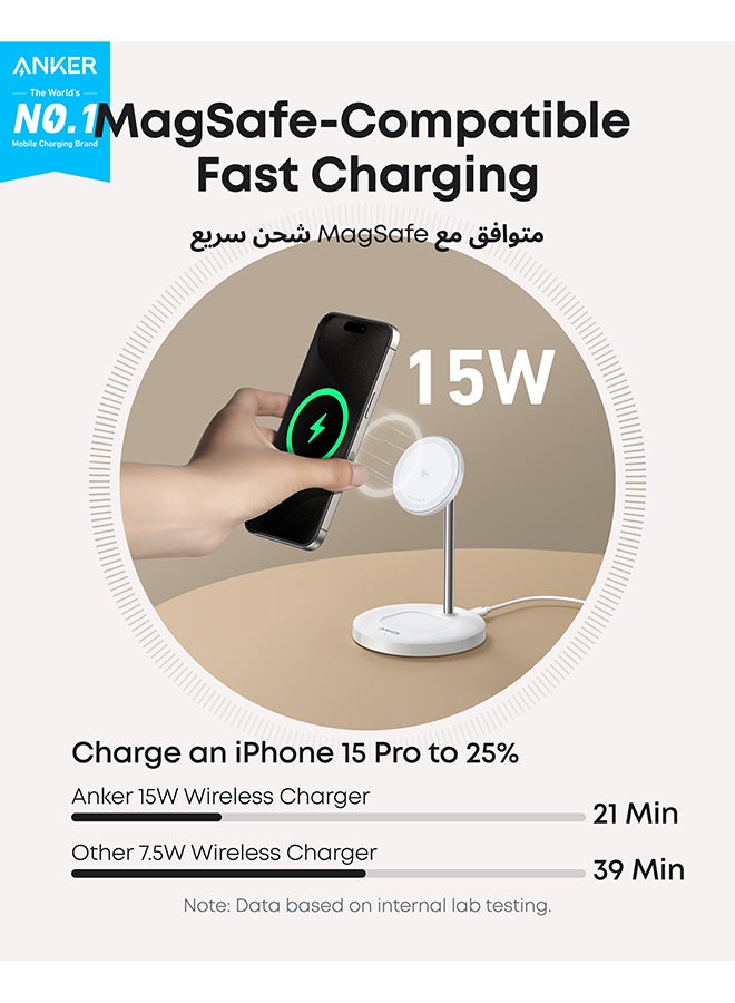 Anker Upgraded MagSafe Compatible Charger Stand, MagGo 2-in-1 Charging Station, Qi2 Certified 15W Wireless Charger Stand, for iPhone 16/15/14/13/12, AirPods Pro (No AC Adapter) White  - Image 2