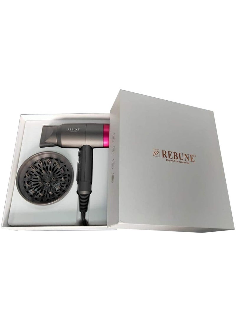 REBUNE - Hair Dryer 1800W Powerful AC Motor Fast Drying Ionic Hair Dryer with 2 Speed 3 Heat Setting Grey - Image 1