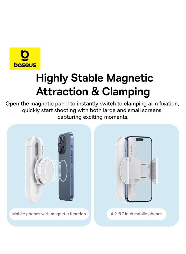 بيسوس - Dual-Support Magnetic Selfie Stick with Clip and Bluetooth Remote Control, Compatible with iPhone 16 Pro Max/Plus, iPhone 15 Series, Samsung S24/S23/S22, and Most Mobile Devices, Versatile, Compact, Adjustable, Perfect for Selfies and Group Shots White - Image 1