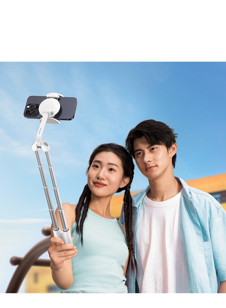 بيسوس - Dual-Support Magnetic Selfie Stick with Clip and Bluetooth Remote Control, Compatible with iPhone 16 Pro Max/Plus, iPhone 15 Series, Samsung S24/S23/S22, and Most Mobile Devices, Versatile, Compact, Adjustable, Perfect for Selfies and Group Shots White - Image 1