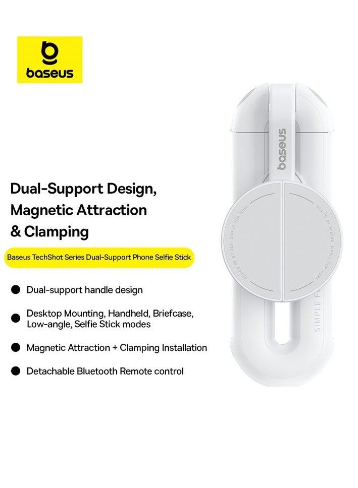 بيسوس - Dual-Support Magnetic Selfie Stick with Clip and Bluetooth Remote Control, Compatible with iPhone 16 Pro Max/Plus, iPhone 15 Series, Samsung S24/S23/S22, and Most Mobile Devices, Versatile, Compact, Adjustable, Perfect for Selfies and Group Shots White - Image 1