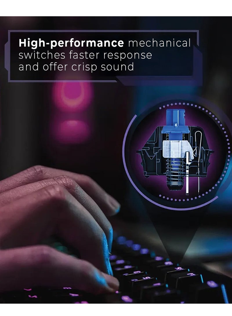 فيرتوكس لوحة مفاتيح ميكانيكية للألعاب عالية الأداء مع إضاءة خلفية RGB. مفاتيح ميكانيكية زرقاء للاستجابة التكتيكية الأسرع. 100% مضادة للتداخل لجميع المفاتيح. 6 تأثيرات ضوء قوس قزح، VERTUX كوماندو - أسود - Image 2