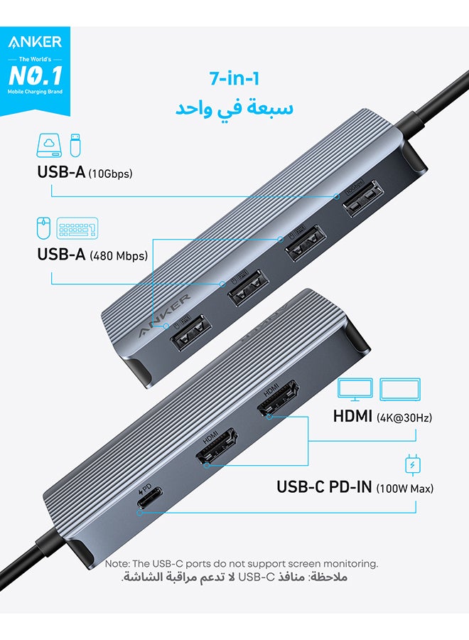 Anker 7-in-1 USB-C Hub, Dual Monitor USB C Docking Station, Dual HDMI Display, 100W Power Delivery, 10Gbps Data Transfers, USB Ports for MacBook Air/Pro, Dell XPS, iPad Pro, and More Gray  - Image 2