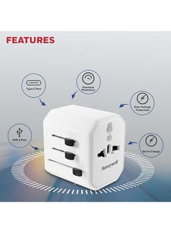 Honeywell New Launch Universal Travel Adapter 12W, 3-in-1 Fast Charging, Universal Socket, TypeC, USBA, Worldwide Wall Charger for EU,US,UK & CN/AUS, Perfect for All Devices, 3Yr Manufacturer Warranty White  - Image 2