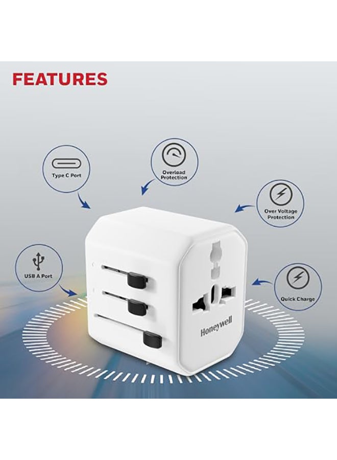 هوني ويل Universal Travel Adapter 12W 3In1 Fast Charging Universal Socket Typec Usba Worldwide Wall Charger For Eu Us Uk And Cn/Aus Perfect For All Devices 3Yr Manufacturer Warranty White White  - Image 2