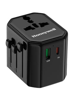 Honeywell New Launch Universal Travel Adapter 12W, 3-in-1 Fast Charging, Universal Socket, TypeC, USBA, Worldwide Wall Charger for EU,US,UK & CN/AUS, Perfect for All Devices, 3Yr Manufacturer Warranty Black  - Image 1
