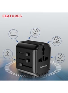 Honeywell New Launch Universal Travel Adapter 12W, 3-in-1 Fast Charging, Universal Socket, TypeC, USBA, Worldwide Wall Charger for EU,US,UK & CN/AUS, Perfect for All Devices, 3Yr Manufacturer Warranty Black  - Image 2