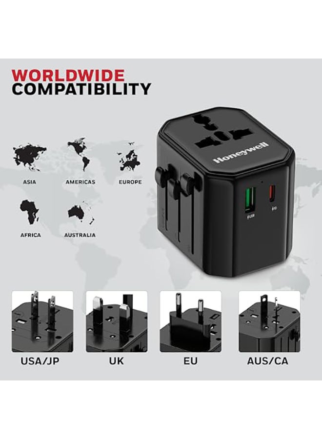 هوني ويل Universal Travel Adapter 12W 3In1 Fast Charging Universal Socket Typec Usba Worldwide Wall Charger For Eu Us Uk And Cn/Aus Perfect For All Devices 3Yr Manufacturer Warranty Black Black  - Image 3