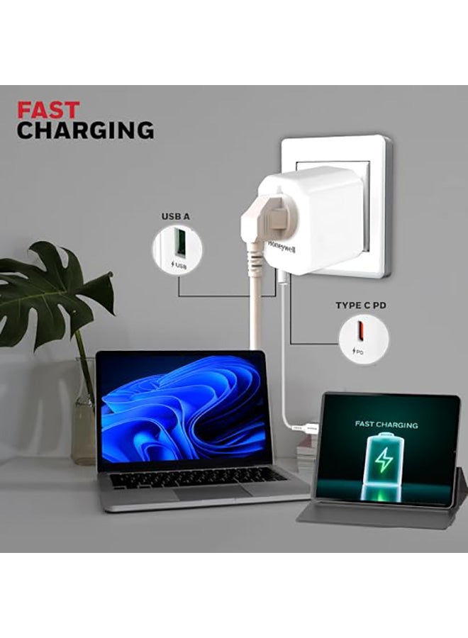 Honeywell Universal Travel Adapter 38W 3In1 Fast Charging Universal Socket Typec Usba Worldwide Wall Charger For Eu Us Uk And Cn/Aus Perfect For All Devices 3Yr Manufacturer Warranty White  - Image 5
