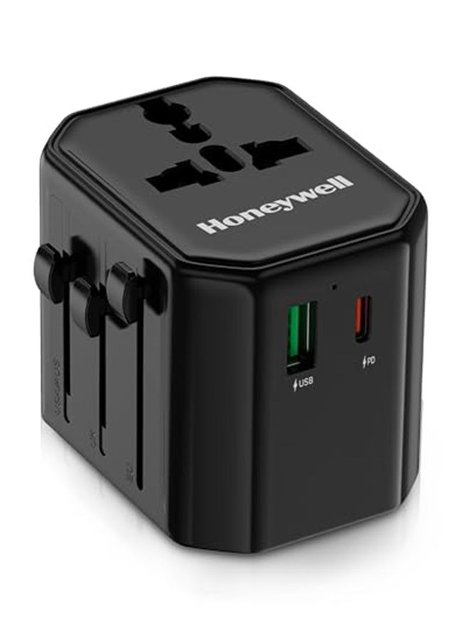 Honeywell Universal Travel Adapter 38W 3In1 Fast Charging Universal Socket Typec Usba Worldwide Wall Charger For Eu Us Uk And Cn/Aus Perfect For All Devices 3Yr Manufacturer Warranty Black  - Image 1