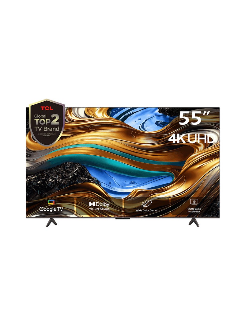 TCL Television 55 Inch Smart TV, Google TV, 4K UHD, 60Hz MEMC, 120Hz VRR, DLG 120Hz, Dolby Vision Atmos, HDR10+, DTS Virtual X, Wide Color Gamut, Slim & Unibody Brushed Titanium (2024) 55P755 Black  - Image 1