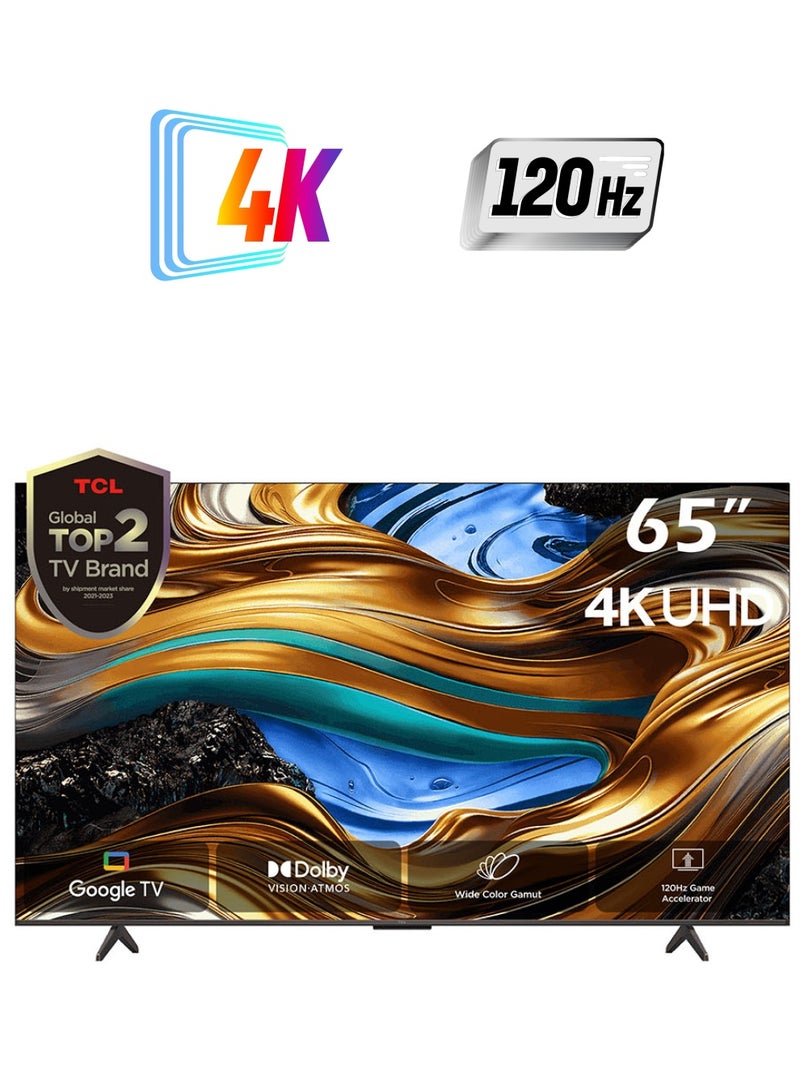 TCL Television 65 Inch Smart TV, Google TV, 4K UHD, 60Hz MEMC, 120Hz VRR, DLG 120Hz, Dolby Vision Atmos, HDR10+, DTS Virtual X, Wide Color Gamut, Slim & Unibody Brushed Titanium (2024) 65P755 Black  - Image 1