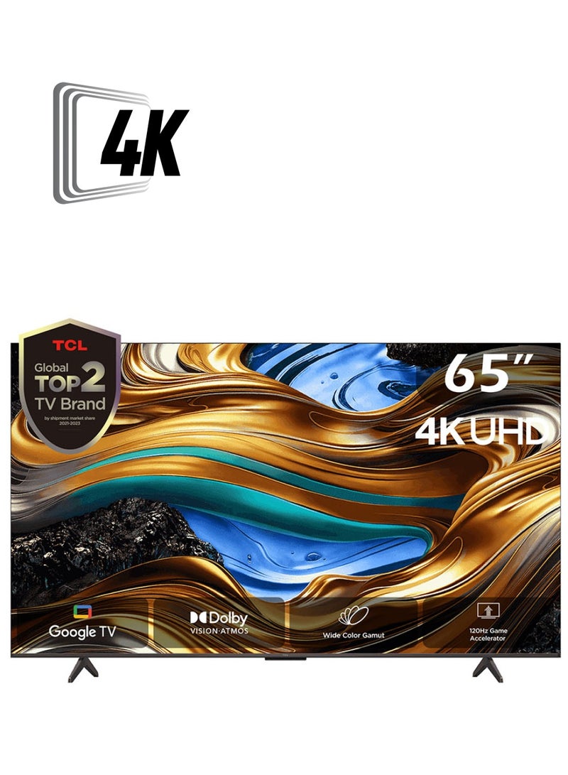 TCL Television 65 Inch Smart TV, Google TV, 4K UHD, 60Hz MEMC, 120Hz VRR, DLG 120Hz, Dolby Vision Atmos, HDR10+, DTS Virtual X, Wide Color Gamut, Slim & Unibody Brushed Titanium (2024) 65P755 Black  - Image 1