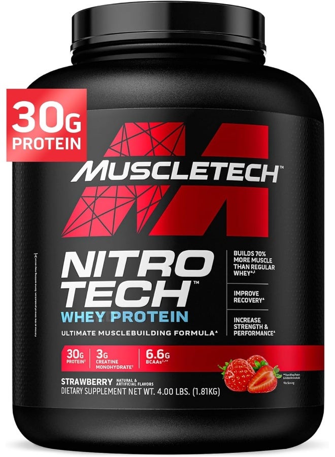 MuscleTech Nitrotech Protein Powder Plus Muscle Builder 100% Whey Protein With Whey Isolate Strawberry 40 Servings 4Lbs - Image 1