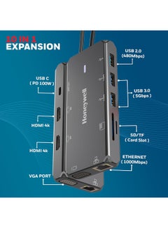 Honeywell New Launch 10-in-1 Type C Dock with Dual 4K HDMI, 1GBPS RJ45 Ethernet Port, 2xUSB 3.0, 1xUSB 2.0 & Type C 3.0 PD100W, VGA port, SD & MicroSD Slot, for All Type C Devices- Windows/MacBook Grey  - Image 2