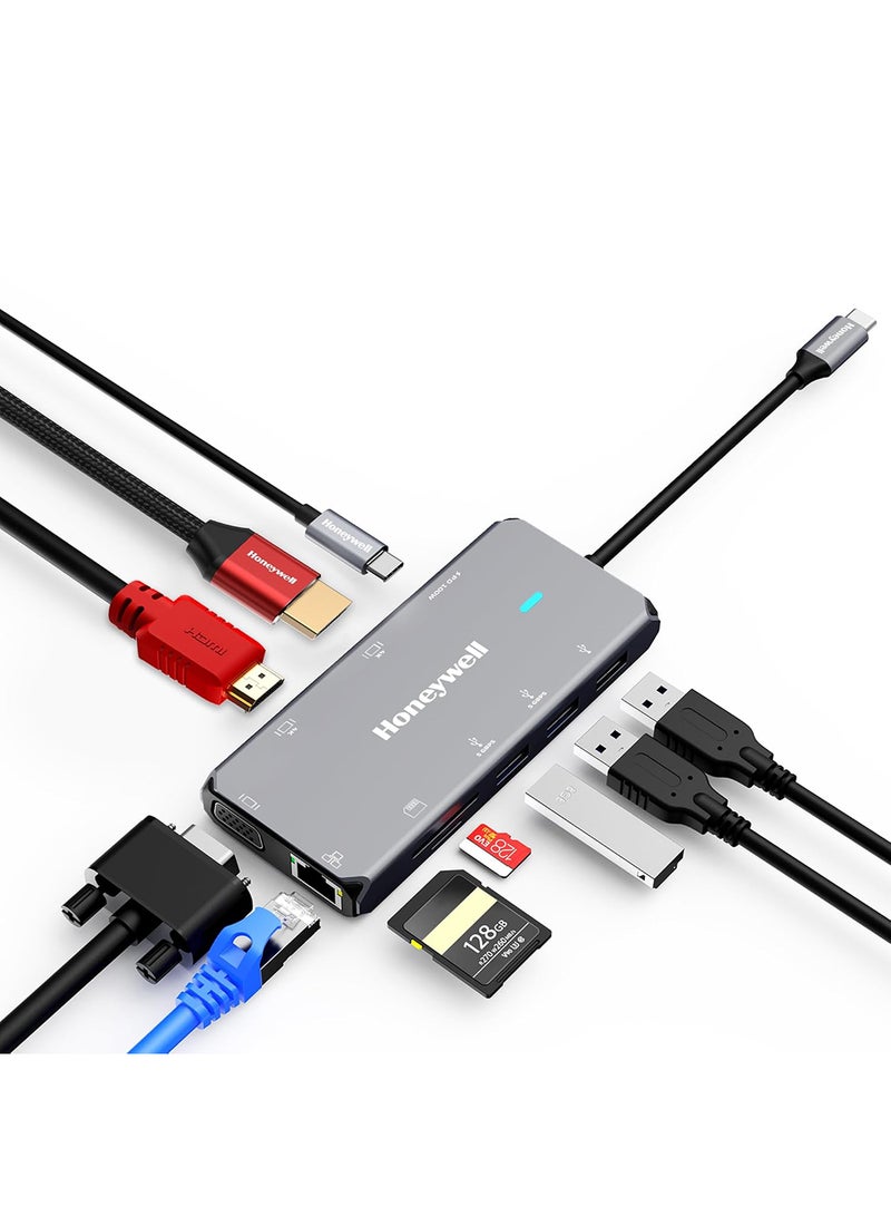 Honeywell New Launch 10-in-1 Type C Dock with Dual 4K HDMI, 1GBPS RJ45 Ethernet Port, 2xUSB 3.0, 1xUSB 2.0 & Type C 3.0 PD100W, VGA port, SD & MicroSD Slot, for All Type C Devices- Windows/MacBook Grey  - Image 1