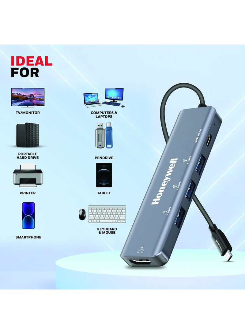 Honeywell - 5In1 Type C Docking Station  Usb Hub With 4K Hdmi Port 3Xusb 3.0 Port And Type C 3.0 Pd 100W For All Type C Devices Windows/Macbook Onthego Feature Grey Grey - Image 1
