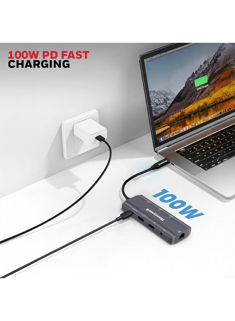 Honeywell - 9In1 Type C Docking Station/ Usb Hub With 4K Hdmi 1Gbps Rj45 Ethernet Port 2Xusb 3.0 1Xusb 2.0 And Type C 3.0 Pd100W Sd And Micro Sd Slot Audio Port For All Type C Devices Windows/Macbook Grey Grey - Image 1