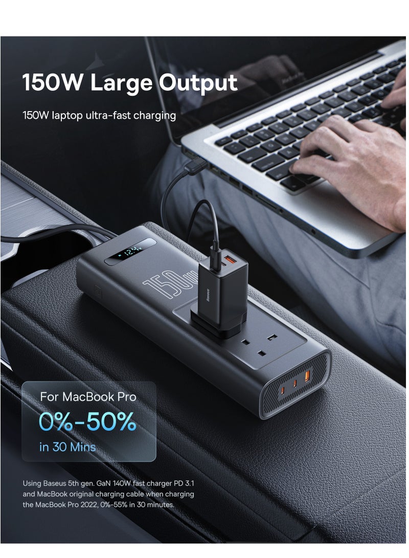 بيسوس 150W Car Power Inverter DC 12/24V to 220V AC with 1 QC3.0 USB and 2 PD Type-C Ports for Charging Laptops, Smartphones, and Small Appliances with On/Off Switch and Smart LED Screen, Ideal for Cars, SUVs, and Trucks, Compact Charger Adapter for Travel Convenience 150W- Black - Image 3