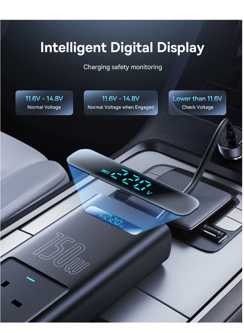 بيسوس 150W Car Power Inverter DC 12/24V to 220V AC with 1 QC3.0 USB and 2 PD Type-C Ports for Charging Laptops, Smartphones, and Small Appliances with On/Off Switch and Smart LED Screen, Ideal for Cars, SUVs, and Trucks, Compact Charger Adapter for Travel Convenience 150W- Black - Image 5
