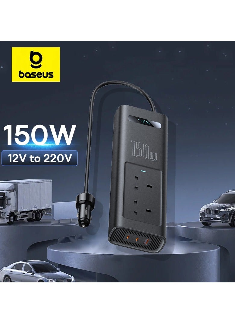 بيسوس 150W Car Power Inverter DC 12/24V to 220V AC with 1 QC3.0 USB and 2 PD Type-C Ports for Charging Laptops, Smartphones, and Small Appliances with On/Off Switch and Smart LED Screen, Ideal for Cars, SUVs, and Trucks, Compact Charger Adapter for Travel Convenience 150W- Black - Image 1