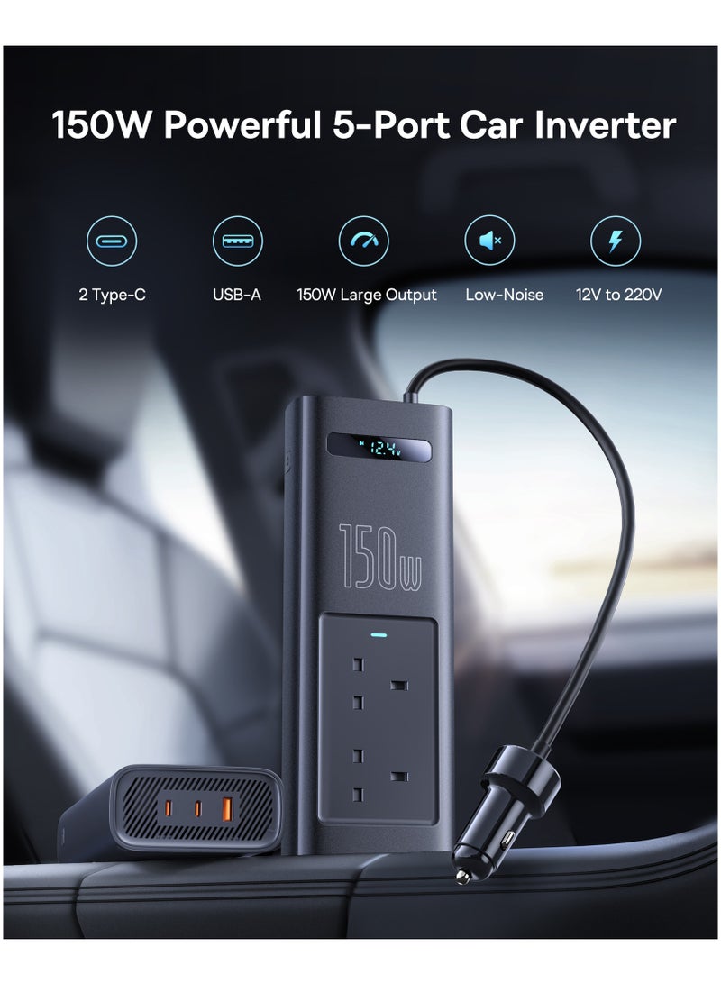 بيسوس 150W Car Power Inverter DC 12/24V to 220V AC with 1 QC3.0 USB and 2 PD Type-C Ports for Charging Laptops, Smartphones, and Small Appliances with On/Off Switch and Smart LED Screen, Ideal for Cars, SUVs, and Trucks, Compact Charger Adapter for Travel Convenience 150W- Black - Image 2