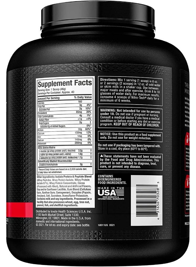 NitroTech Whey Protein Ultimate Muscle Building Formula Increase strength & Performance Milk Chocolate 4Lbs