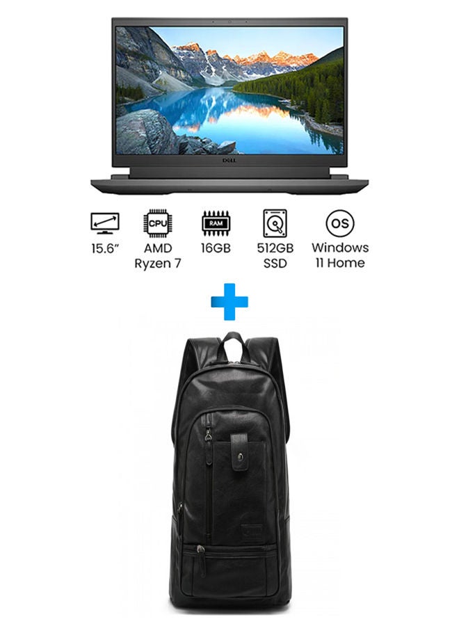 Inspiron 15 Laptop With 15.6 Inch FHD/ Ryzen 7 5800H /16 GB Ram /512 GB SSD /4 GB Geforce Rtx 3050 Ti/ Windows 11 Home /English/Arabic Grey With Casual Leather Laptop Backpack Black English/Arabic Grey