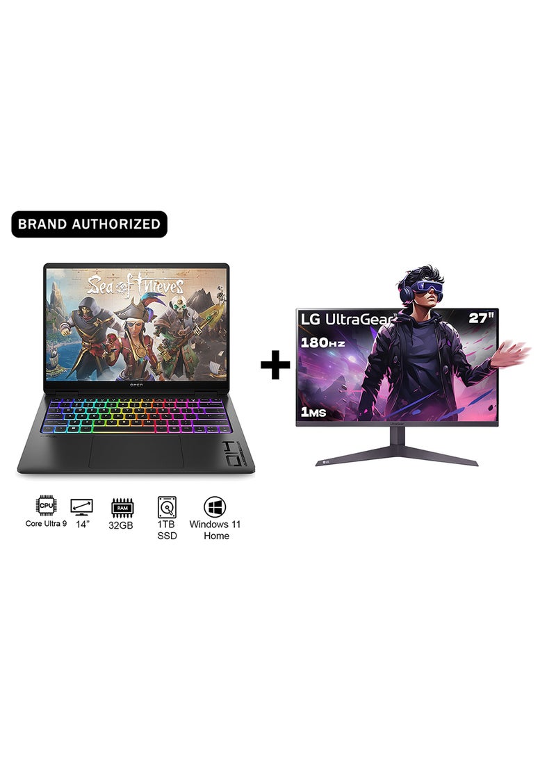 HP OMEN Transcend 9V8S7EA  Laptop With 14-Inch Display, Core Ultra 9-185H Processor/32GB RAM/1TB SSD/8GB Nvidia Geforce RTX 4070 Graphics Card/Windows 11 Home + Gaming Monitor English Shadow black - Image 1