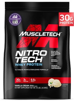 ماسل تيك NitroTech Whey Protein Ultimate Muscle Building Formula Vanilla Cream 10 Lbs 102 Servings  - Image 1