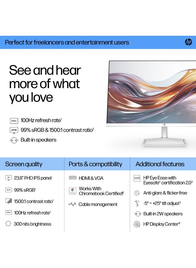 HP - Series 5 524SA 23.8" FHD Monitor with Speakers, IPS Display, 100Hz Refresh Rate, 5ms (GtG with Overdrive), Tilt Adjustable, Micro Edge On 3 Sides, 16.7m Colors, White - Image 1