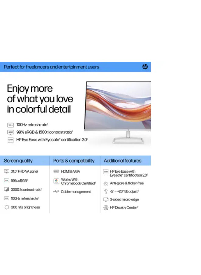 HP - Series 5 532SF Monitor, 32" FHD VA Display, 100Hz Refresh Rate, 7ms (GtG with Overdrive) Response Time, Tilt Adjustable, 16.7m Color Support, 94F50AS Black/Silver - Image 1