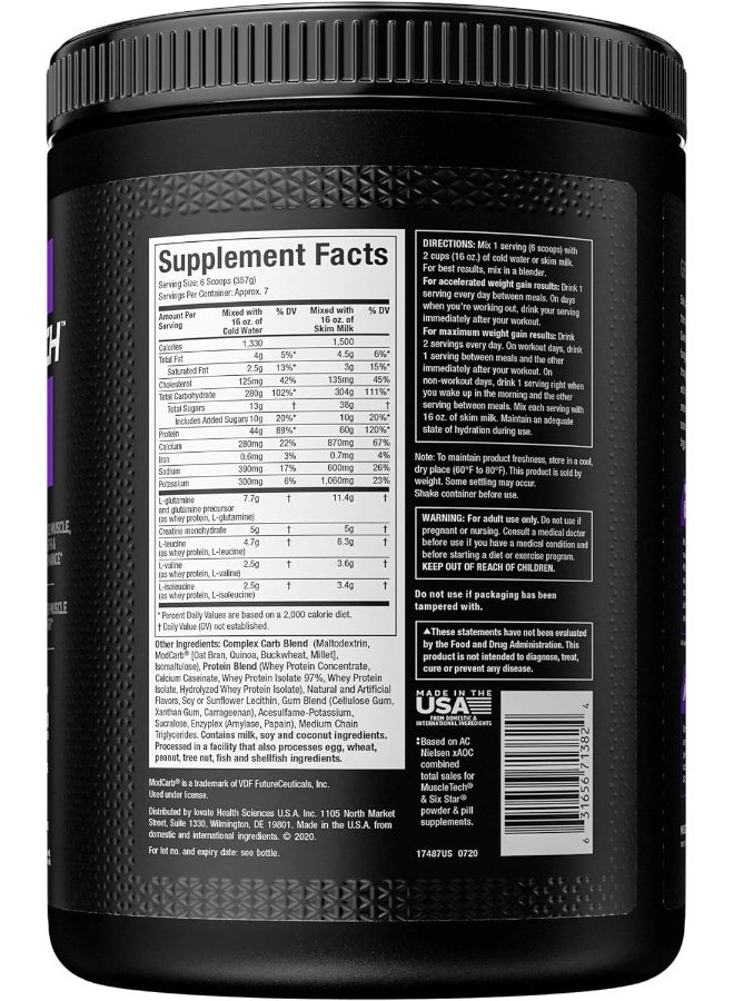 MuscleTech 100% Mass Gainer Protein Powder Vanilla Milkshake 515 Lbs - Image 2
