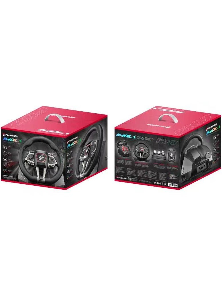 FLASHFIRE - F107 IMOLA Racing Wheel with Force Feedback, 6-Speed Shifter, 900° Rotation, Hall-Effect Sensor, Vibration Motors, Pedals & F5 PS5 Converter - Compatible with PS5, PS4, Xbox One/X/S, Switch, PC - Red/Black - Image 1