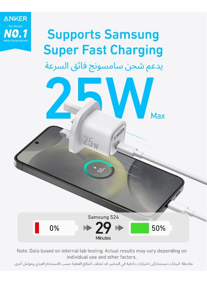 25W USB C Plug, Supports PPS Fast Charging for for iPhone 16/16 Pro/16 Pro Max/15, Samsung Galaxy S25/S24/Z Fold/Z Flip/Tab (5 ft USB C Cable Included) White
