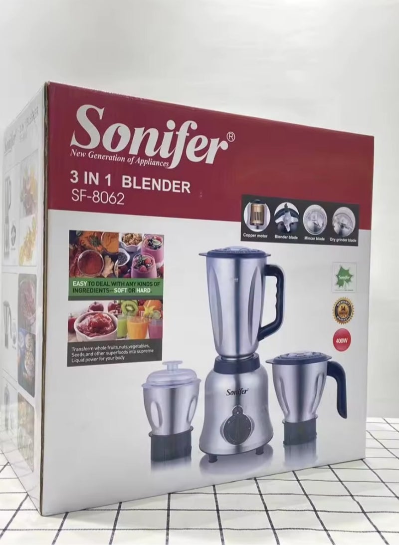 Sonifer - Sonifer SF-8062 high quality home use 220v ac motor electric table stainless steel 3 in 1 grinder mincer blender set,400W,1.4L. 400 W SF-8062 stainless steel - Image 1