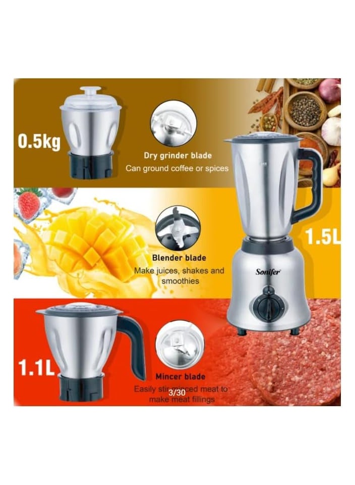 Sonifer - Sonifer SF-8062 high quality home use 220v ac motor electric table stainless steel 3 in 1 grinder mincer blender set,400W,1.4L. 400 W SF-8062 stainless steel - Image 1