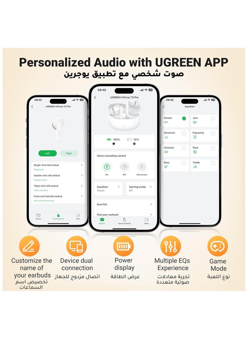 Ugreen - UGREEN HiTune T3 Pro Bluetooth 5.4 Earbuds, Active Noise Cancellation Earphones, 4 Mics ENC Clear Call Headsets, 30H Playtime USB C Fast Charging, IPX5 Waterproof, Customised APP 2 Devices Connection white - Image 1