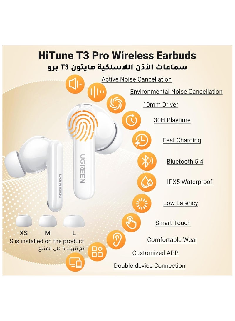 Ugreen - UGREEN HiTune T3 Pro Bluetooth 5.4 Earbuds, Active Noise Cancellation Earphones, 4 Mics ENC Clear Call Headsets, 30H Playtime USB C Fast Charging, IPX5 Waterproof, Customised APP 2 Devices Connection white - Image 1