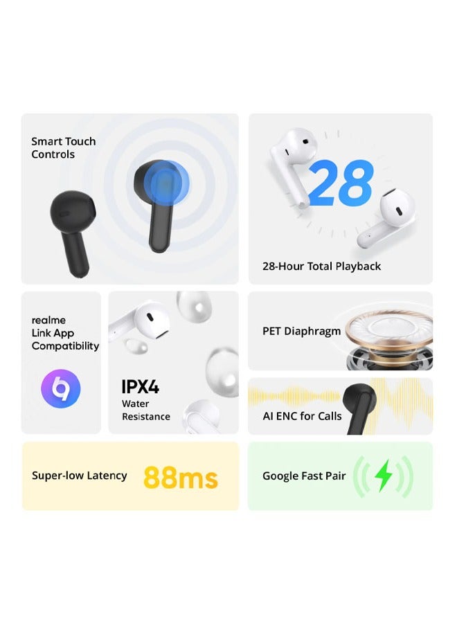 realme New Buds T01 True Wireless Earphones AI Noise Reduction TWS Bluetooth 5.4 IPX5 Waterproof 28H Battery Life Earphones -White - Image 3