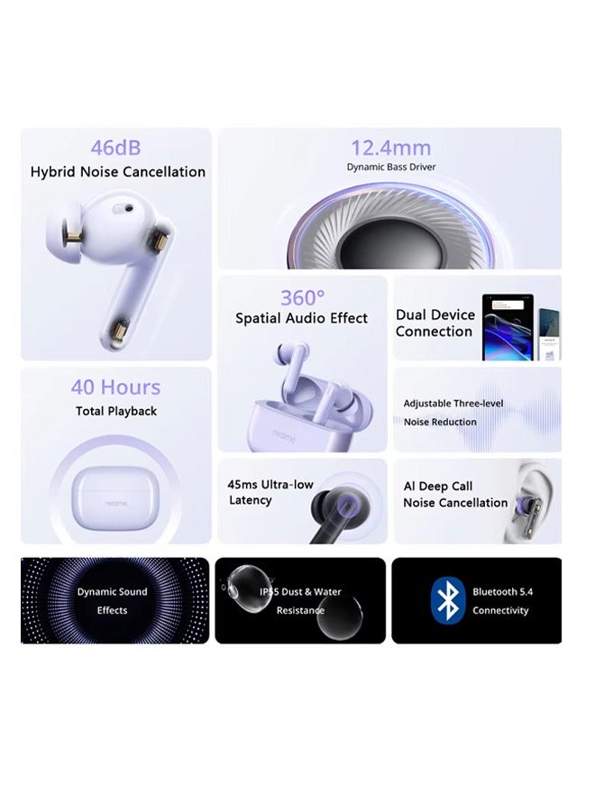 Global Version Buds T310 Bluetooth 5.4 Wireless TWS Earphone 40H Battery Life Headphone 46dB Active Noise Cancelling White