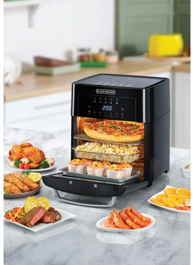 BLACK+DECKER Digital Air Fryer Oven, Family-Sized Capacity, Touch Control, 10 Preset Functions, 80-220°C Adjustable Temp, Rapid Air Convection, Smoke-Free Cooking, 15 L 1700 W AOF150-B5 Black