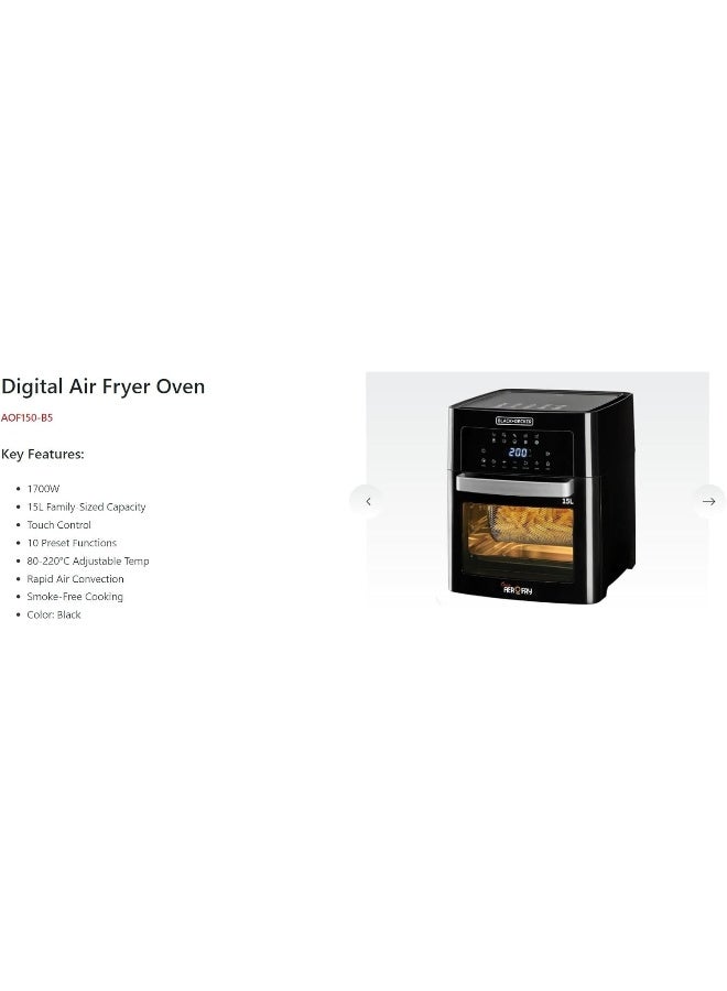 Digital Air Fryer Oven, Family-Sized Capacity, Touch Control, 10 Preset Functions, 80-220°C Adjustable Temp, Rapid Air Convection, Smoke-Free Cooking, 15 L 1700 W AOF150-B5 Black