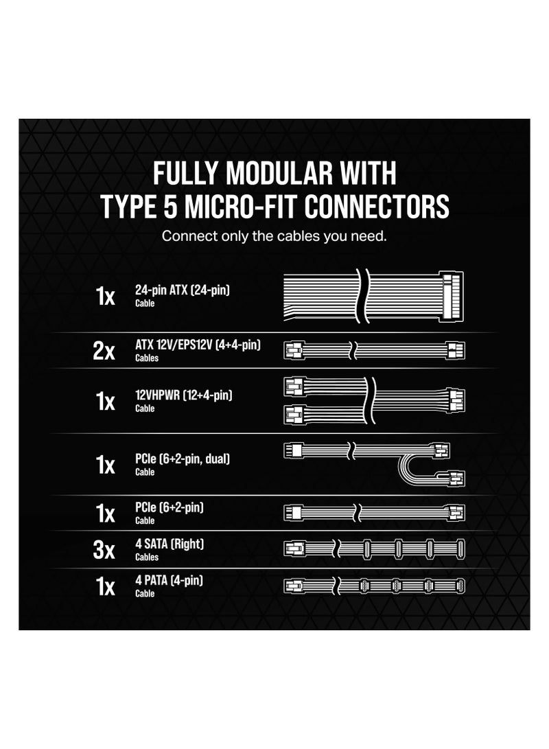 RM750x Shift Fully Modular ATX Power Supply - 80 PLUS Gold - ATX 3.0 - PCIe 5.0 - Zero RPM - Modular Side Interface - Black