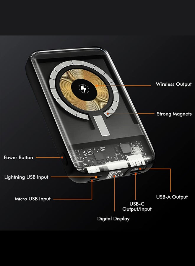 MARGOUN 10000 mAh Transparent Maganetic Wireless Power Bank Fast Charging Buit-in 3-in-1 Cables Digital Display/Lithium Polymer Black  - Image 5
