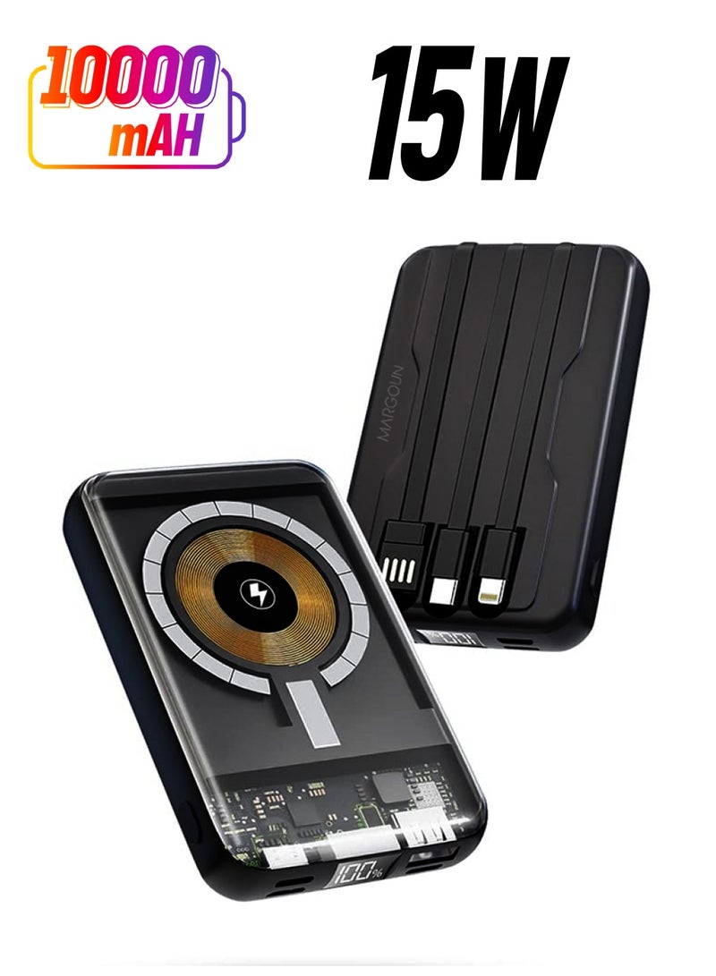 MARGOUN 10000 mAh Transparent Maganetic Wireless Power Bank Fast Charging Buit-in 3-in-1 Cables Digital Display/Lithium Polymer Black  - Image 1