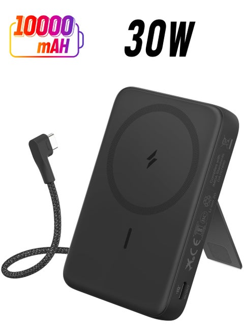 10000 mAh 10000 mAh Zolo Magnetic Power Bank, Wireless Portable Charger with 30W Max Fast Charging, Battery Pack with Built-in USB-C Cable and Adjustable Stand, for iPhone 16/15 Series, AirPods, and More Black