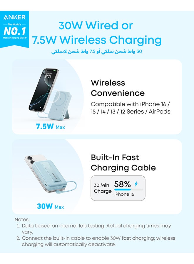 10000 mAh 10000 mAh Zolo Magnetic Power Bank, Wireless Portable Charger with 30W Max Fast Charging, Battery Pack with Built-in USB-C Cable and Adjustable Stand, for iPhone 16/15 Series, AirPods, and More Black