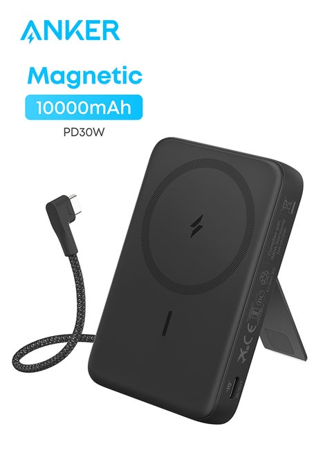 10000 mAh 10000 mAh Zolo Magnetic Power Bank, Wireless Portable Charger with 30W Max Fast Charging, Battery Pack with Built-in USB-C Cable and Adjustable Stand, for iPhone 16/15 Series, AirPods, and More Black