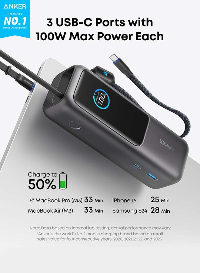 Anker - 25000 mAh Zolo Power Bank (25K, 165W, Built-In USB-C and Retractable Cable) Black - Image 1